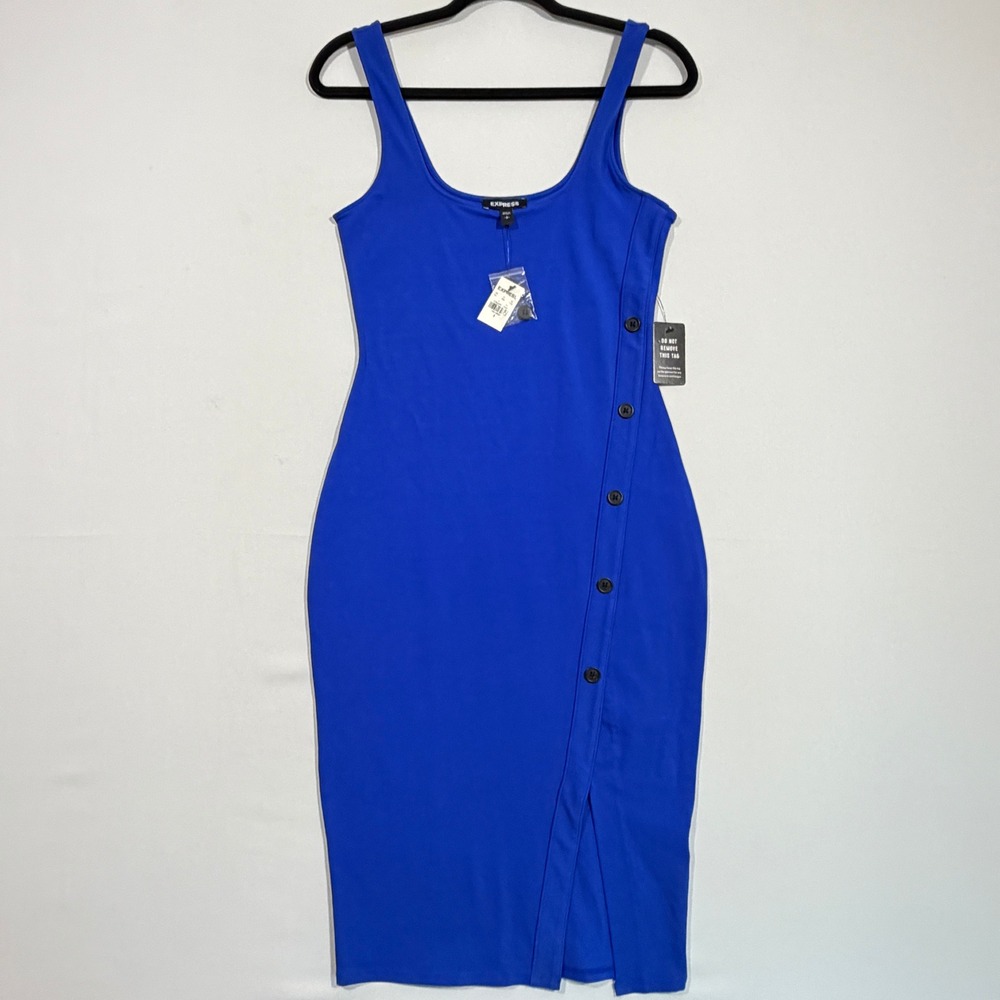 Express Bodycon Dress Women's S Blue Asymmetric Faux Button Slit Midi Clubwear
